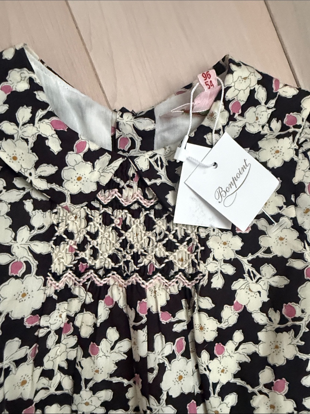 Bonpoint Black Floral Smocked Dress with Pink Accents - Picture 3 of 12